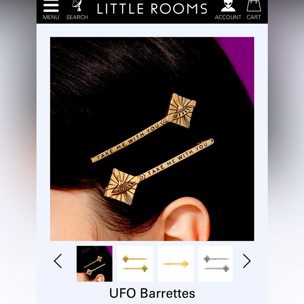 Little Rooms UFO Barrettes- 18k Gold Plated Brass Pair- Never Worn Sold Out